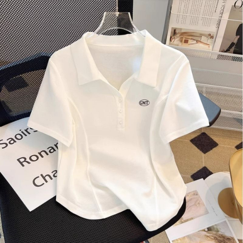 大きいサイズの婦人服の夏の百合の不規則な弧の形の裾の半袖のtシャツの女性の新型のpoloは襟をひっくり返してやせている上着を現します。|undefined