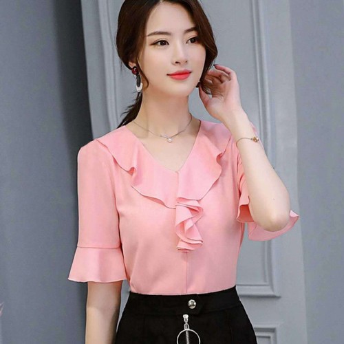 Women's Short Sleeve Summer Korean Style Collar Fitted Slimming Casual Versatile Plus Size Bell Sleeve Top