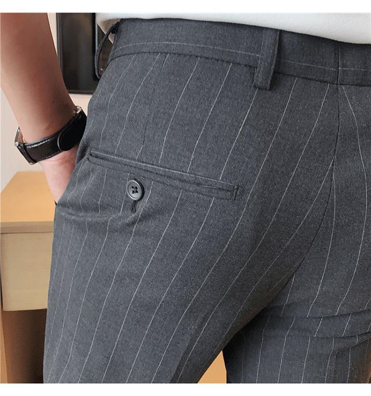 Quần tây sọc nam mùa hè ống côn Hàn Quốc dáng ôm nhẹ — Màu xám đậm với fleece, Quần lửng màu xám đậm, Quần lửng đen, Lông cừu đen chi tiết 15