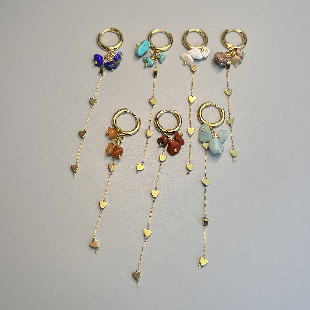 1 Piece Quantity Casual Occasion 1 Piece Bohemian Tassel Heart Shape Stainless Steel Natural Stone Drop Earrings