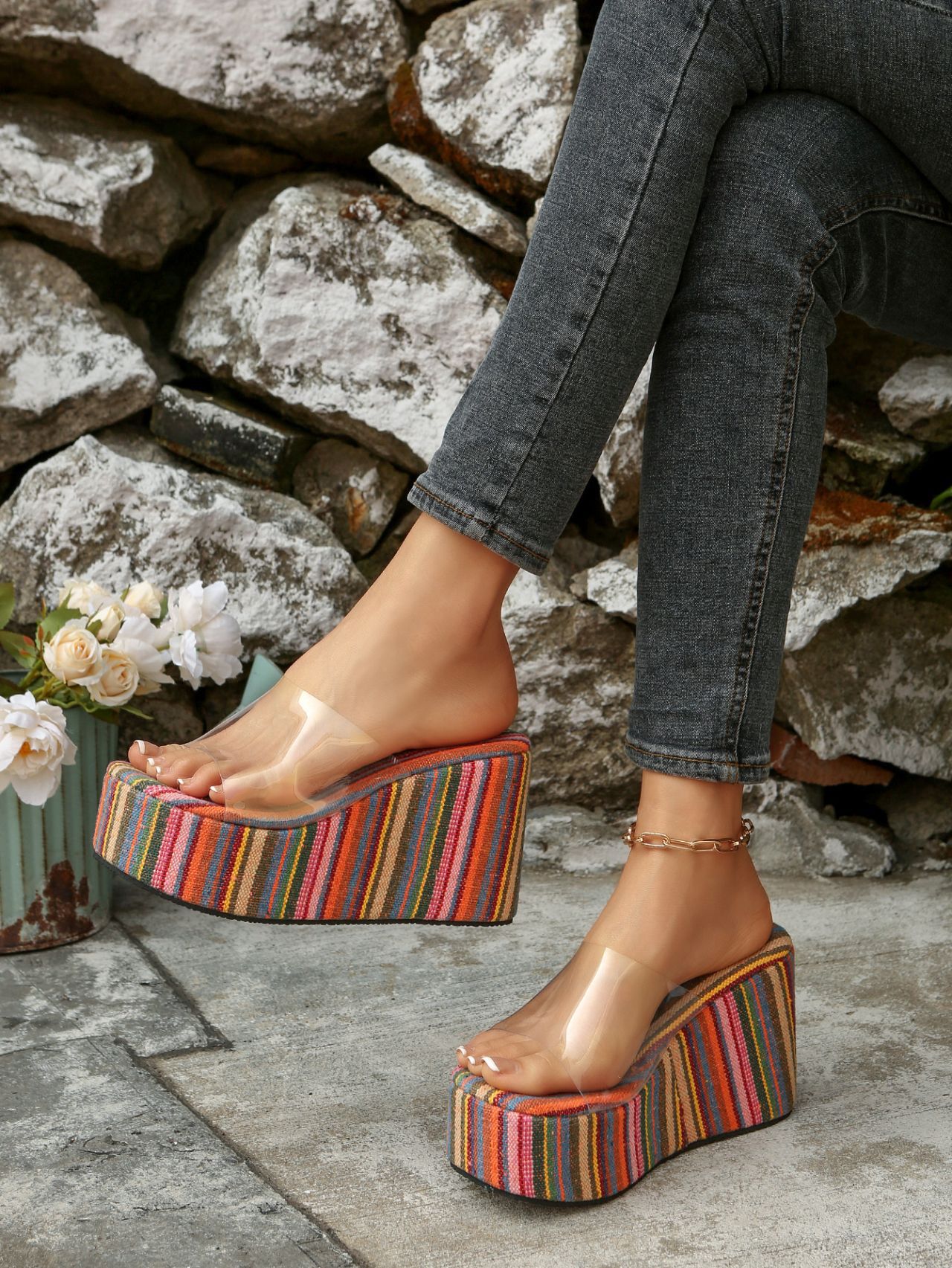 Women's Plus Size Striped Colorful Platform Sandals European American Style Transparent Wedge Summer New Style Size 43_vogvips.com