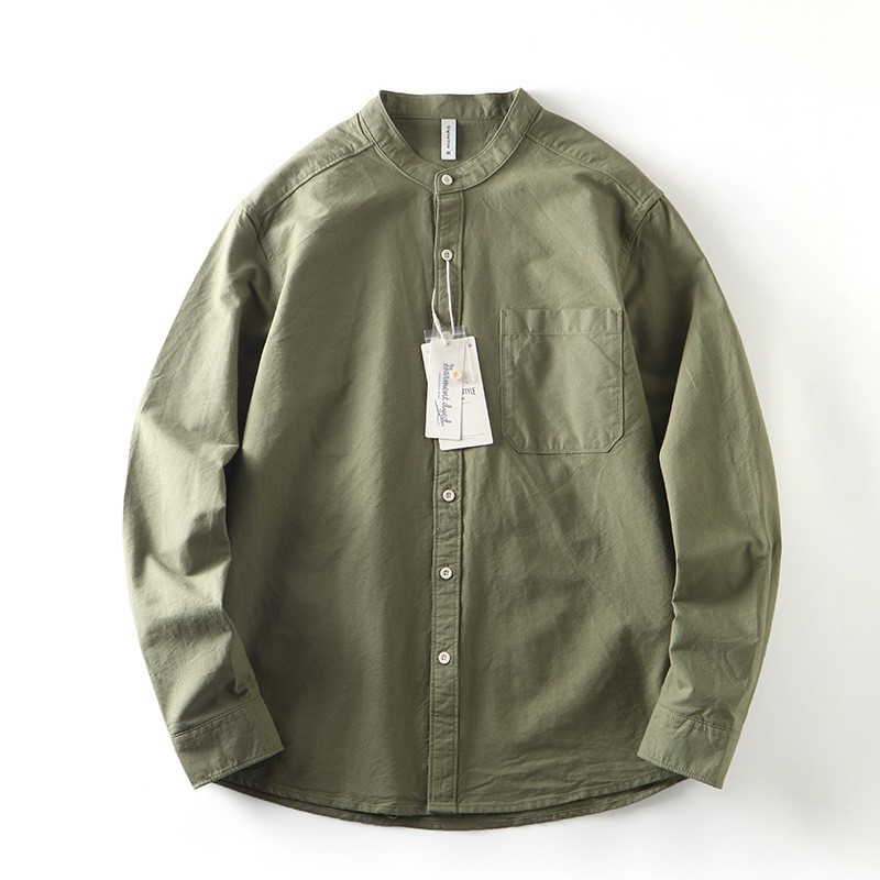 外贸原单尾货棉麻混纺透气宽松休闲亚麻立领长袖衬衫衬衣男士春季