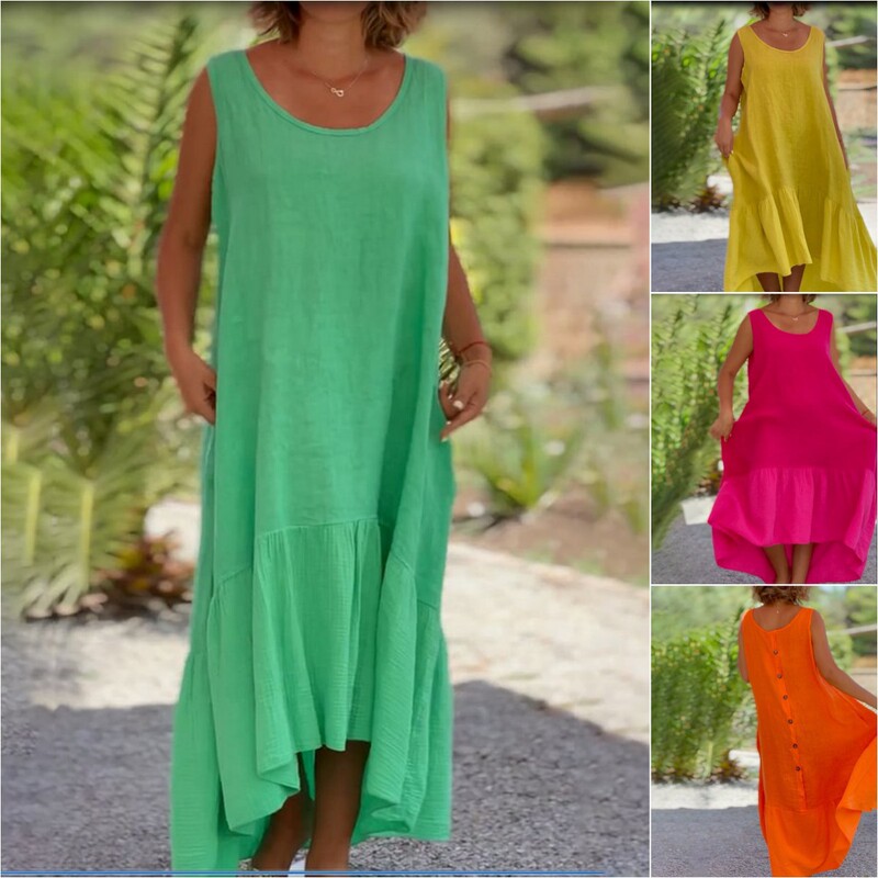 European and American New Summer Women's Clothing Fresh and Sweet Round Neck Sleeveless Color Large Hem Casual Button Long Skirt Dress