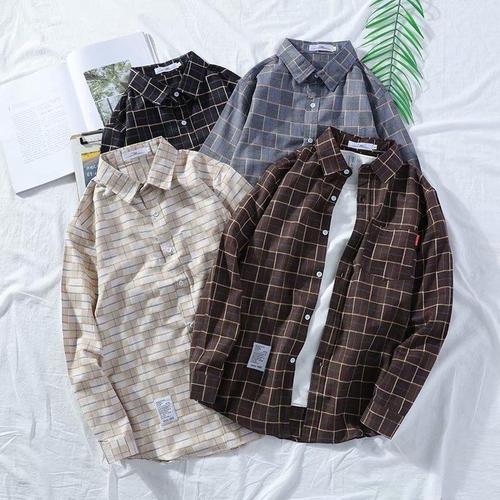 Men's Grid Shirt, Long Sleeve, Hong Kong Style, Autumn Couple Student Youth Korean Version Loose Shirt and Outerwear