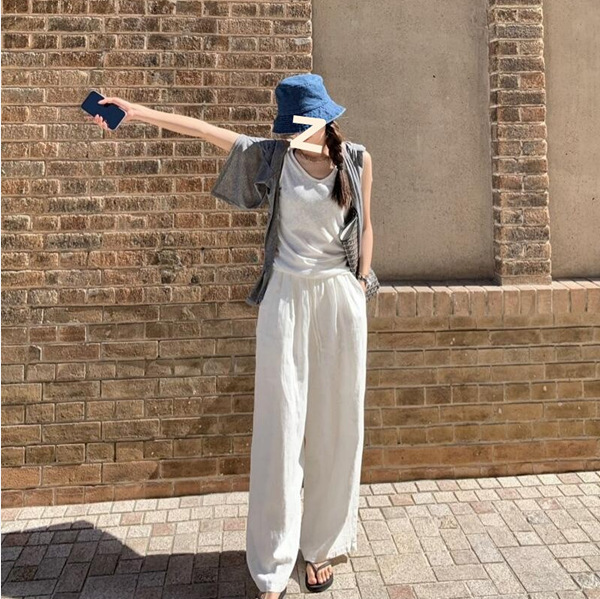 100 linen pants G goods! White Pure Linen Pants with Impermeable Lining-elastic Waist Lace-up Minimalist Casual Pants for Women