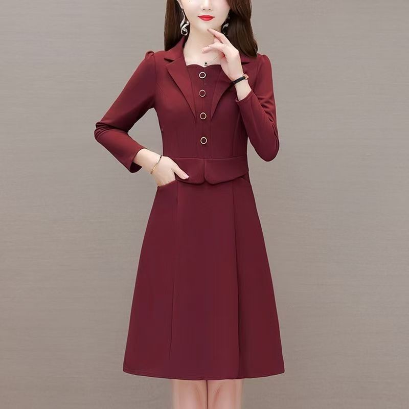 春秋2025新款中年时尚西装领假两件连衣裙洋气妈妈显瘦打底裙子女