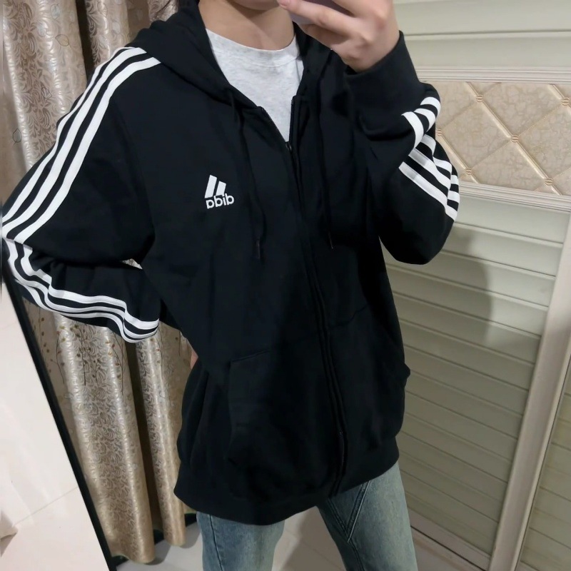 Three-stripe sports jacket for autumn and winter, unisex, embroidered logo, hooded, pure cotton, zip-up sweatshirt, jacket 9032