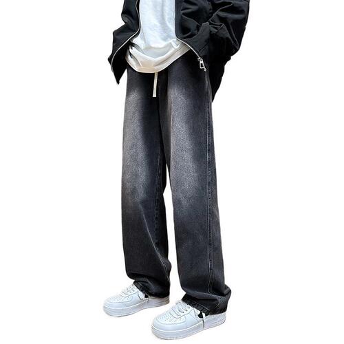 Men's Summer Gradient Denim Straight-Leg Wide Leg Retro Washed Relaxed Tapered Waistband Looser Straight Jeans