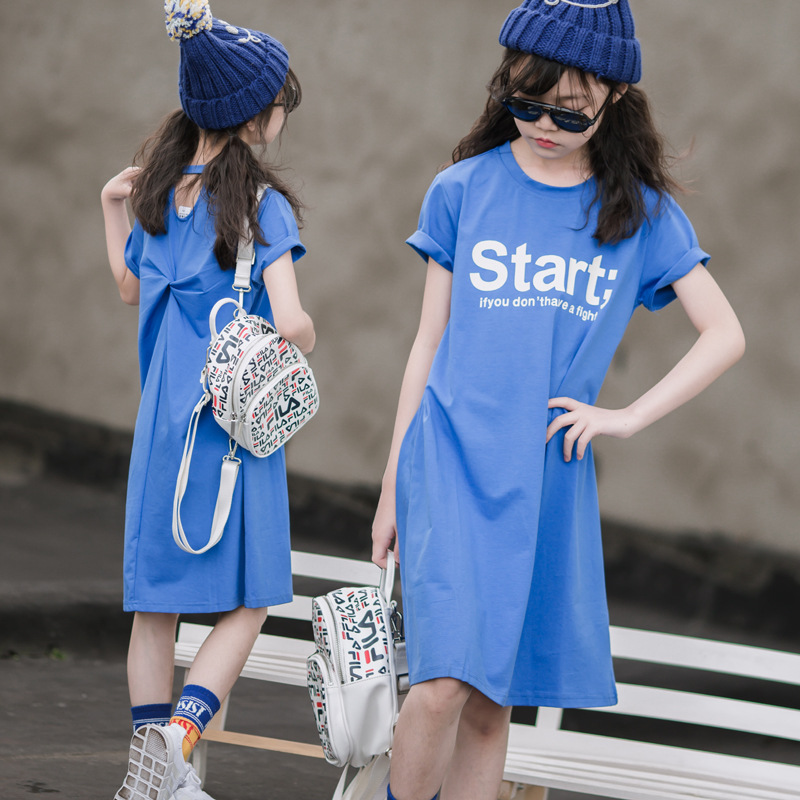 Diseño de espalda pequeña falda de camiseta para niñas vestido de verano para niños de longitud media falda de niña de estilo occidental de estilo coreano de manga corta