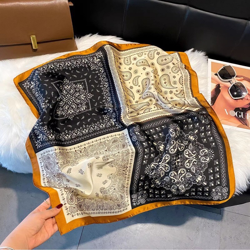 黒と白のシンプルなカシューフラワーフォイルスカーフ、ハイエンドのエスニックスタイルのウエストスカーフ、装飾スカーフ、スカーフ、職場装飾スカーフ|undefined