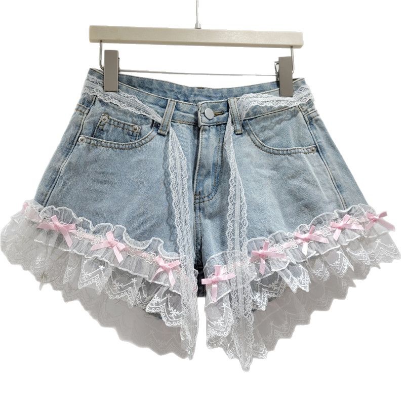 Pantalones Cortos de Mezclilla con Encaje de Mezclilla, Tiro Alto y Detalle de Encaje, para Verano image 5