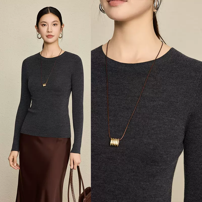 扬子纱精纺100细羊毛圆领针织打底衫女修身显瘦薄款毛衣内搭通勤