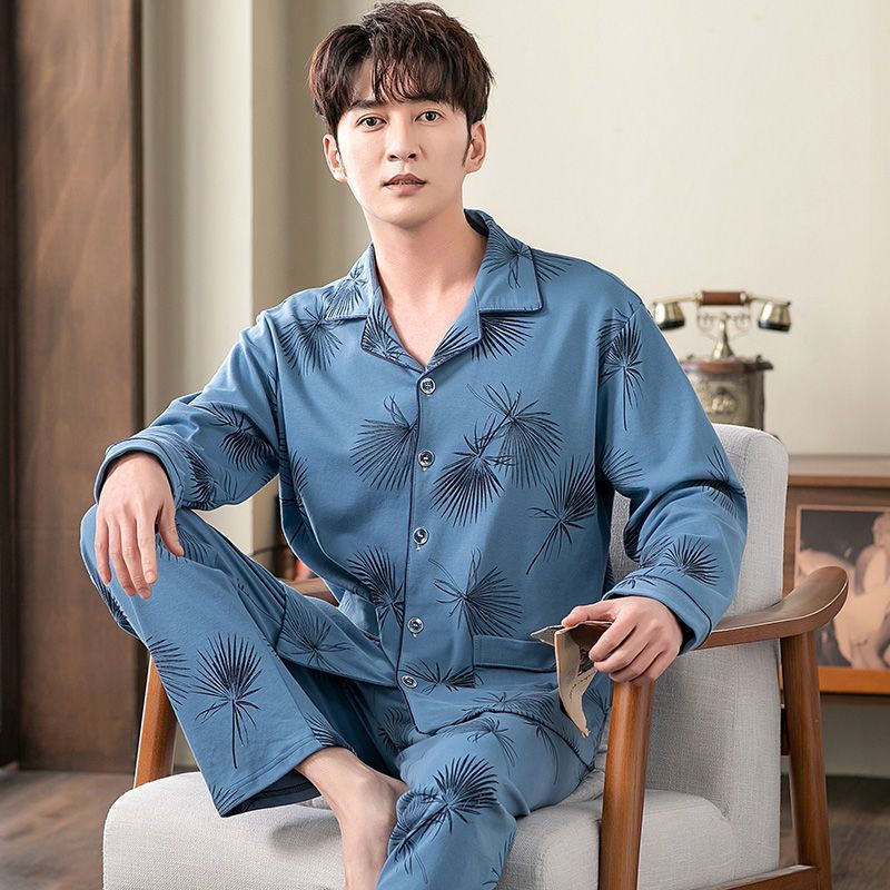 Pijamas de primavera y otoño de manga larga de algodón de invierno para hombres con un cardigan suelto de tamaño grande para el hogar