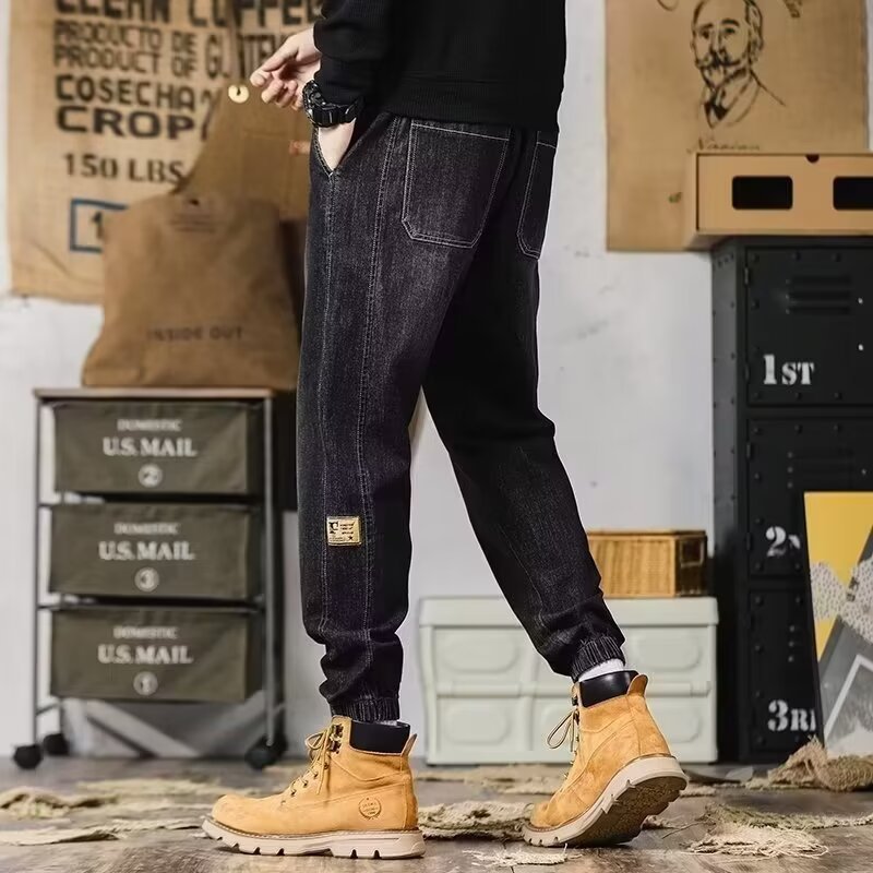 2024 primavera y otoño pantalones vaqueros de cintura elástica todo fósforo para hombres, pantalones de pierna ancha rectos sueltos para adolescentes de la calle principal