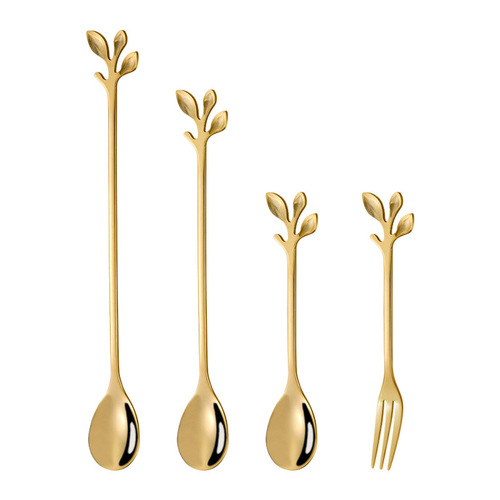 Stainless steel leaf spoon creative golden leaf coffee spoon dessert spoon fruit fork cake fork wholesale gift spoon