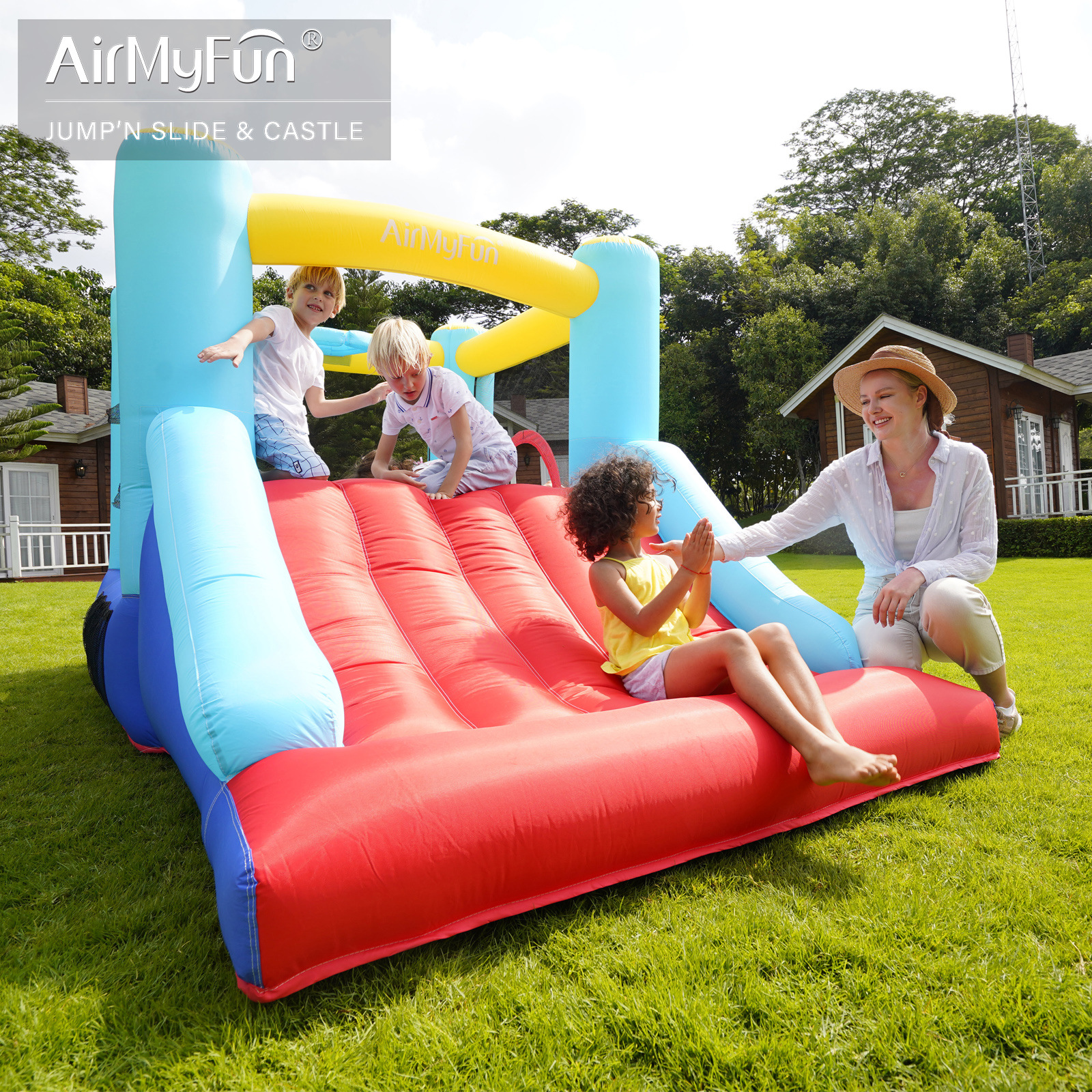 AMF | Castillo inflable para niños, tobogán inflable para interiores y exteriores, parque infantil, trampolín inflable pequeño para fiestas