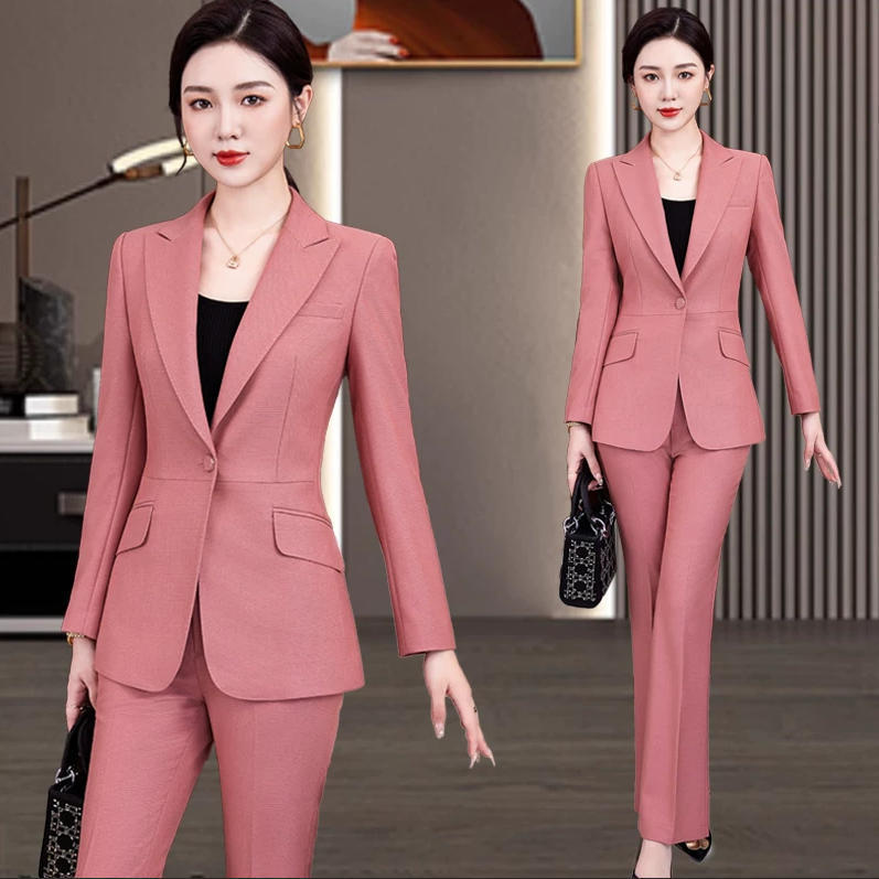 Pink women's suit set, elegant goddess style workwear, new autumn and winter high-end professional attire, women's suit with pants Pink women's suit set, elegant goddess style workwear, new autumn and winter high-end professional attire, women's suit with pants
