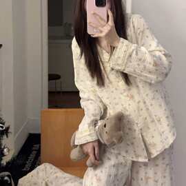 100%A类秋款长袖婴儿棉纱女睡衣家居服