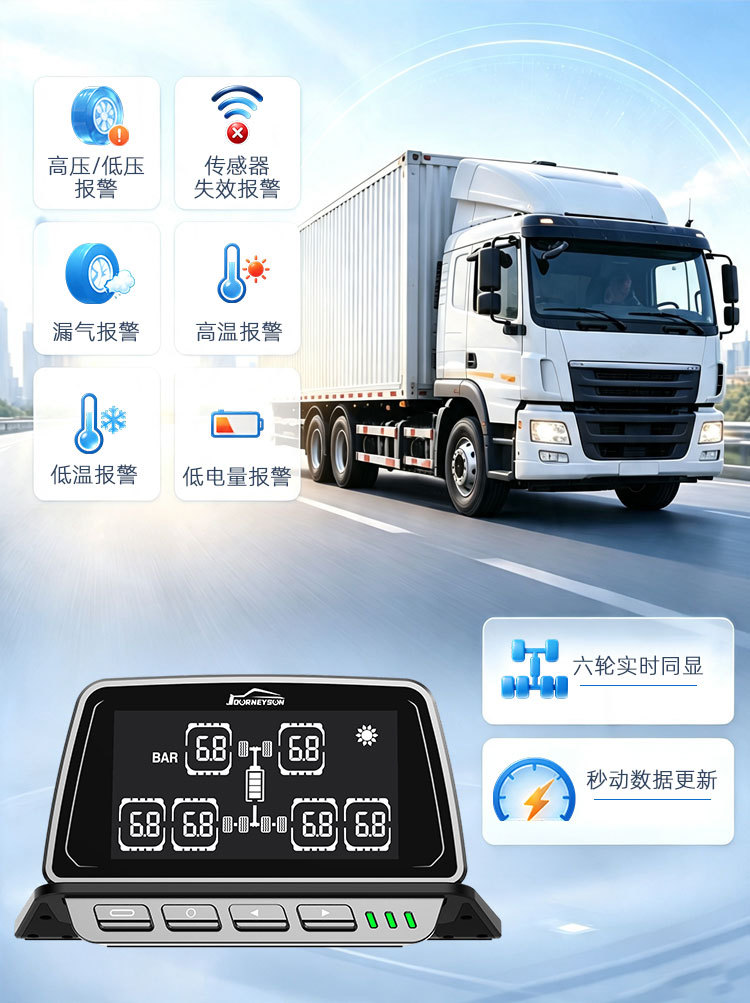 Six-wheel truck tire pressure monitor with large screen display, available with built-in or external options, truck-specific TPMS tire pressure alarm