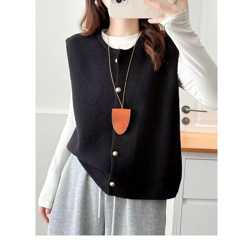 Botón de cordillera suave de cuello redondo nuevo estilo casual de una sola pieza de chaleco de mujer image 3