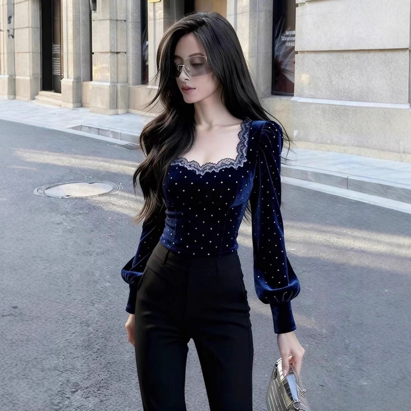 Autumn and Winter Are Great for Looking Stylish and Sophisticated. a Royal Blue Chanel-Style Lace Patchwork Polka Dot Velvet Shirt