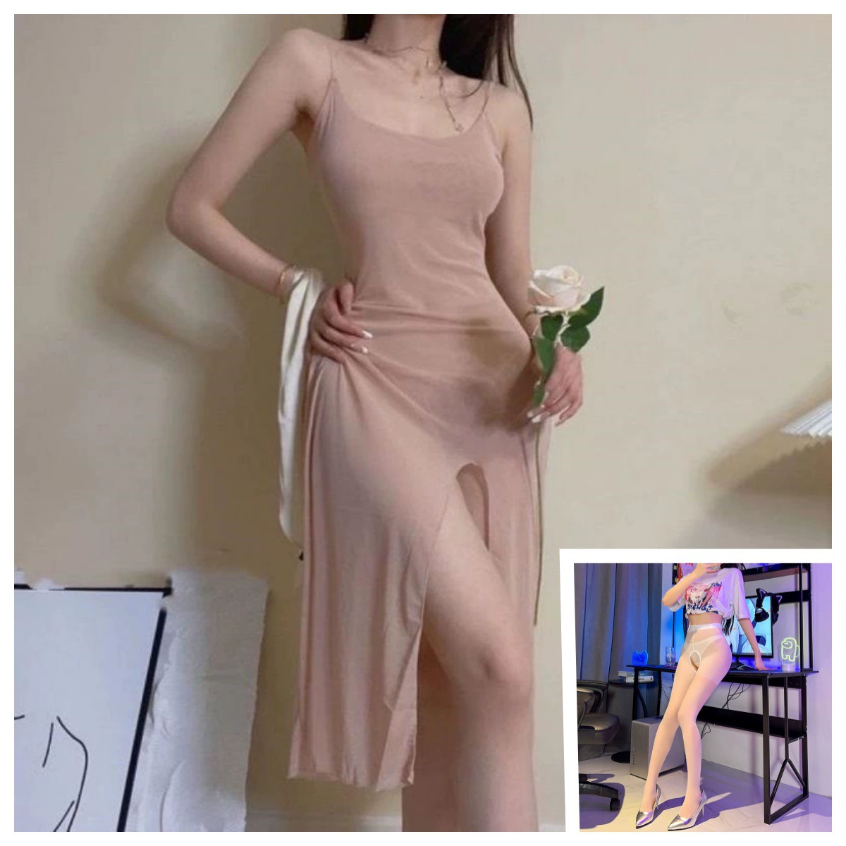 Сексуальное нижнее бельё, slip-платье, длинная юбка, пижама, прозрачный комплект