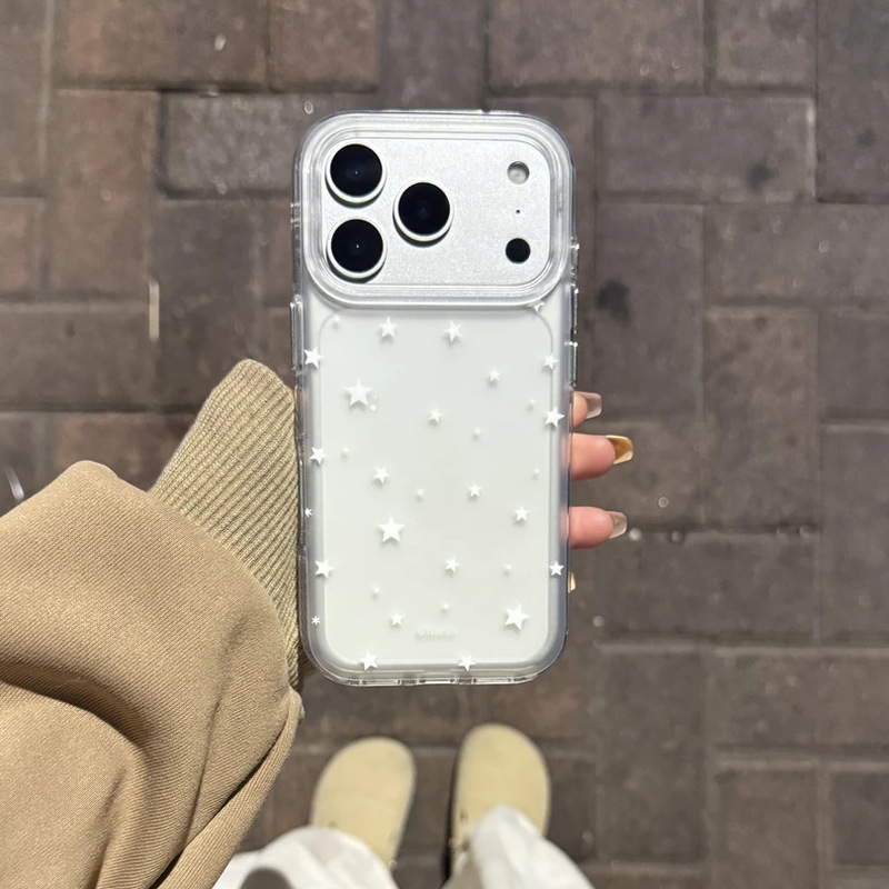 Ins Full Screen White Stars Suitable for Apple 17Promax Mobile Phone Case Ip16/15 Transparent 14 Space Shell 13 Soft