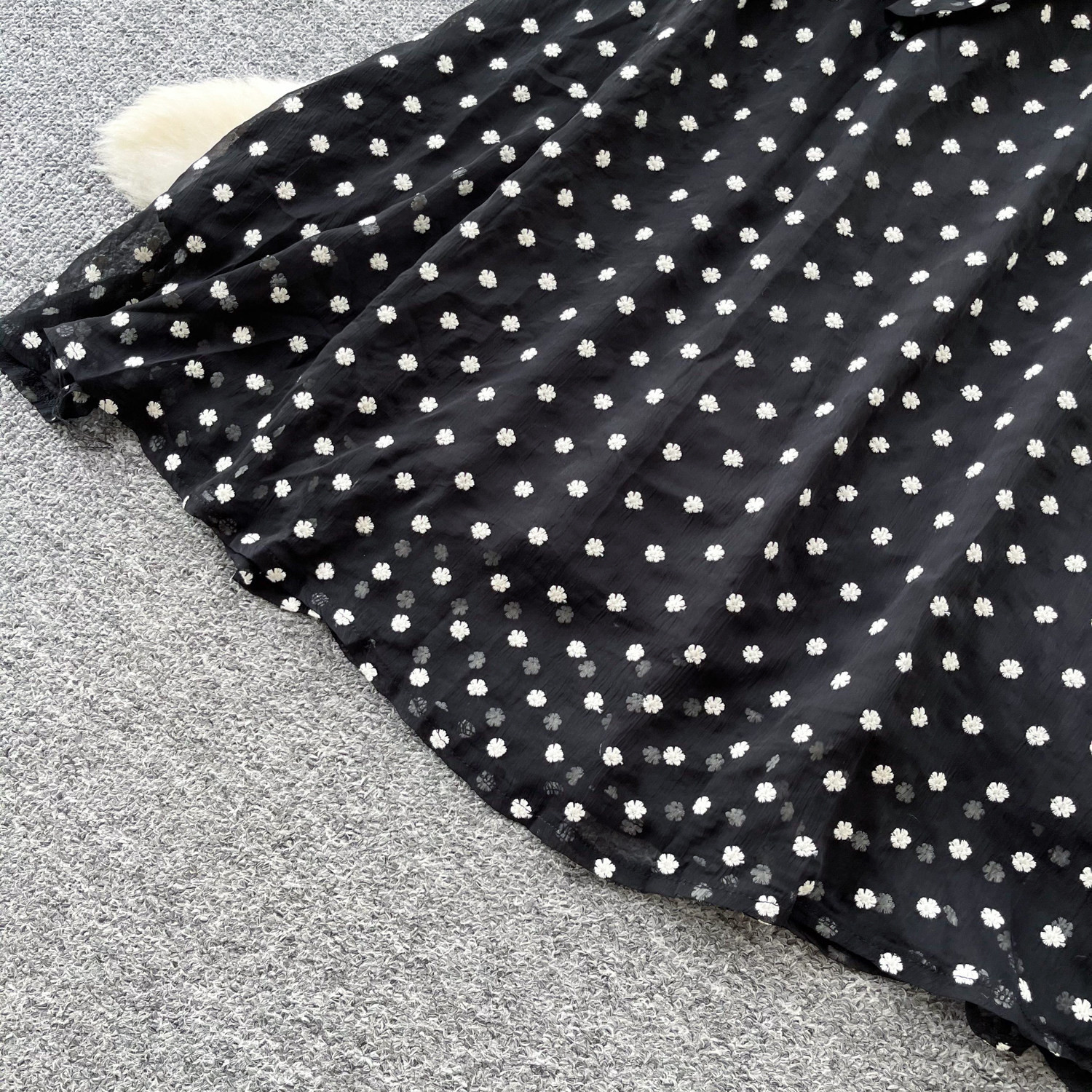 Black Polka Dot Mesh Dress For Women V Neck Short Sleeve High Waist Slimming A Line Long Skirt Ladylike Summer Style_ecoleips.com