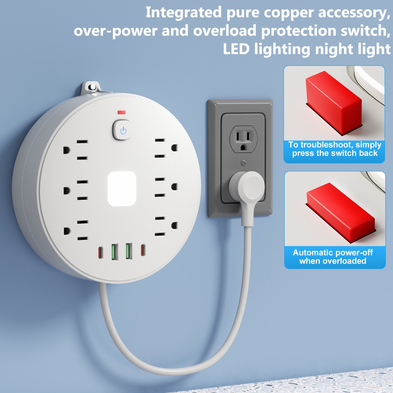Nuevo transfronterizo 2USB + 2Type-c redondo retráctil de 6 bits con protección contra sobrecarga para América del Sur 6FT México image 3