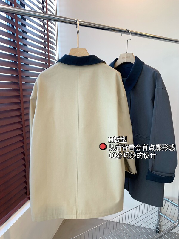 客供面料立裁挺括有筋骨撞色单排扣翻领落肩袖日系工装休闲风衣女|undefined
