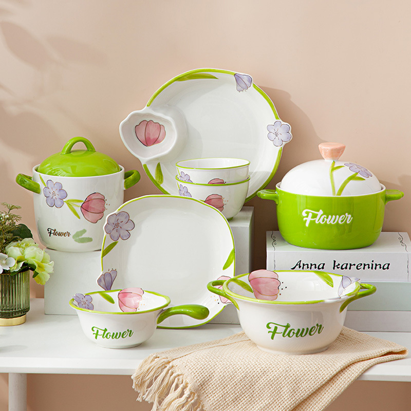 Streamer Garden Ceramic Tableware suit Flower Small Fresh Style Household Ceramic Rice Bowl Dish with Lid Binaural Large Soup Bowl