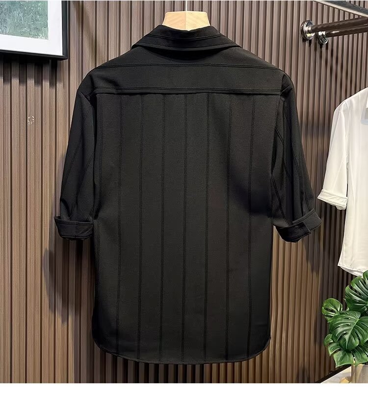 Camicia uomo a maniche corte a righe in misto seta casual_voghion.com