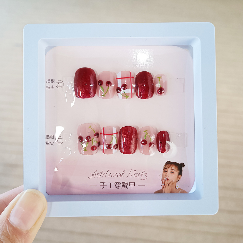 10 piezas de parche de uñas rojas decodificadas, ojo de gato de cereza, parche de uñas a mano, parche de uñas de alta calidad