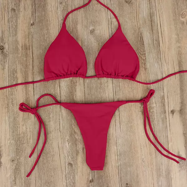European and American New Solid Color Bikini Halterneck Strappy Swimsuit Women's Split Strap Adjustable Multi-Color Suit Wholesale