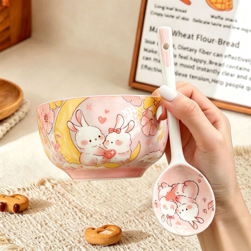 Cute Garden Rabbit Ceramic Bowl Tableware for Home Use, Girly Dining Bowl, High Aesthetic Fruit Salad Bowl, Dessert Bowl with Spoon Cute Garden Rabbit Ceramic Bowl Tableware for Home Use, Girly Dining Bowl, High Aesthetic Fruit Salad Bowl, Dessert Bowl with Spoon