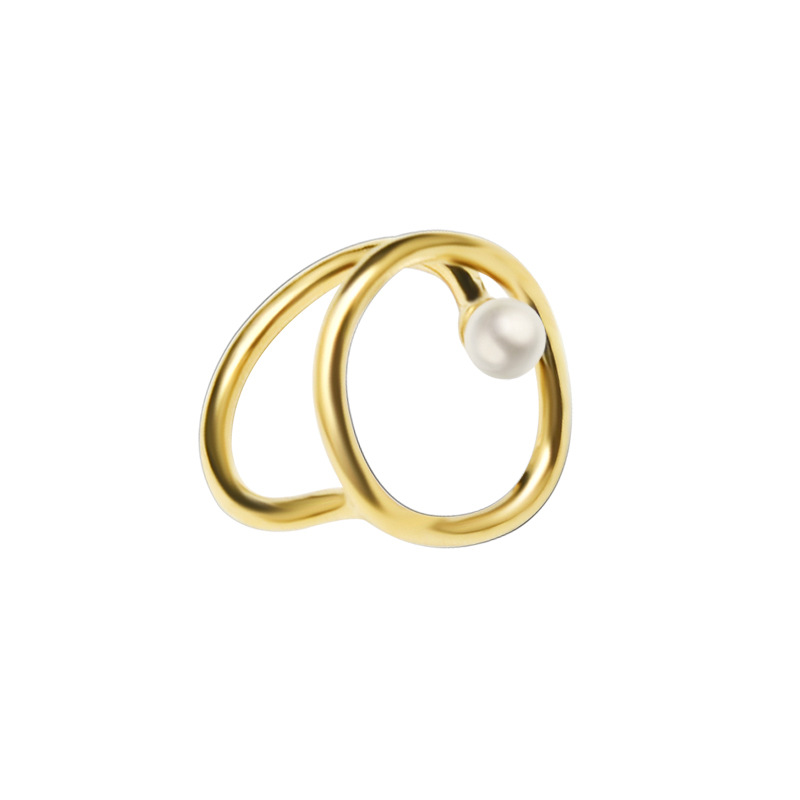 Fábrica de una pieza de entrega de galvanoplastia 18K oro geométrico titanio anillo de acero imitación perla personalidad anillo de moda joyería femenina
