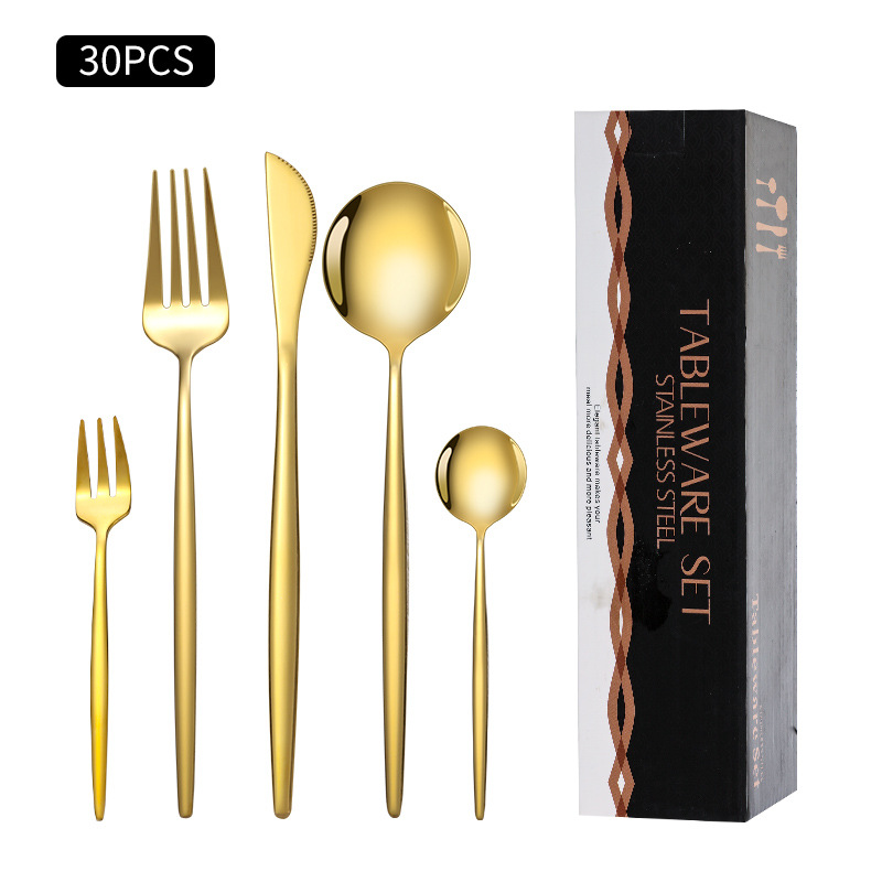 Cruz-Frontera de acero inoxidable vajilla portugués cuchillo y tenedor conjunto de 30 piezas de comida occidental cuchillo de filete de oro y cuchara de la caja de regalo