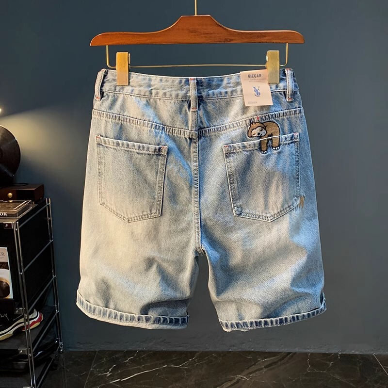Summer Men's Denim Shorts, Thin Loose Straight-Leg Trendy Casual Mid-Length Shorts
