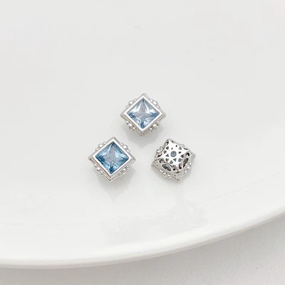 White gold micro inlaid zircon aquamarine patch beads loose beads handmade DIY beaded bracelet necklace jewelry materials (Zərgərlik ara hissələri) - square-aquamarine-perforated-spacer-beads-88mm