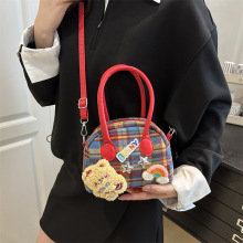 日系卡通复古精致格子时尚少女斜挎包高颜值精美洋气可爱手提包
