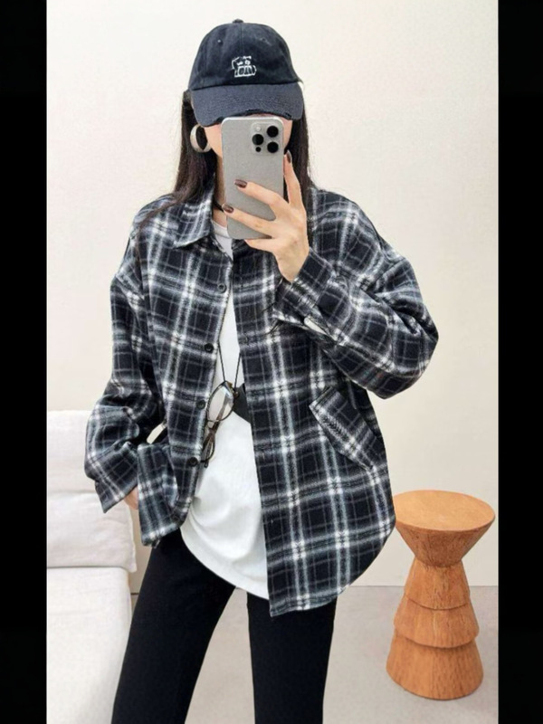 复古美拉德磨毛大码格子衬衫外搭女休闲宽松显瘦慵懒风衬衣上衣潮|undefined