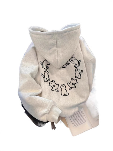 Women's Hooded Sweatshirt with Cat Heart Design Print, Casual and Versatile Long-Sleeve Outerwear