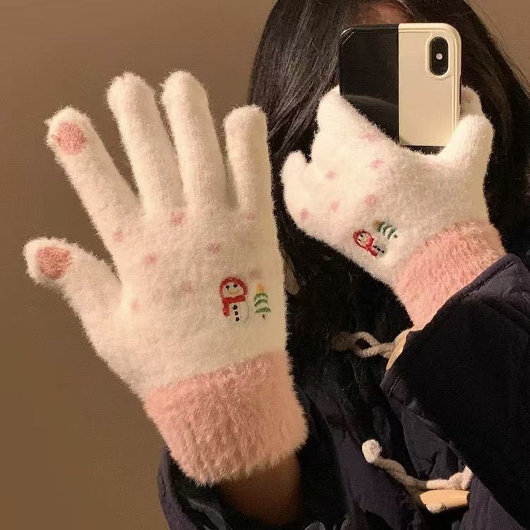冬季保暖手套毛绒卡通可爱圣诞节雪人五指分指手套可触屏学生女生|undefined