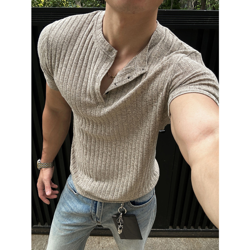 Old Money Style Henry Collar T-Shirt Short-Sleeved Men's Summer Thin Breathable Casual Men's Top American Retro Henry Shirt Old Money Style Henry Collar T-Shirt Short-Sleeved Men's Summer Thin Breathable Casual Men's Top American Retro Henry Shirt