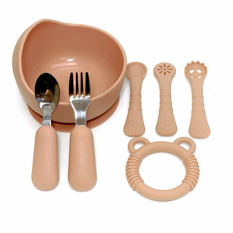 피치 컬러 (어린이 그릇 + 곰 치발기 + 원형 포크 + 트레이닝 포크와 스푼)