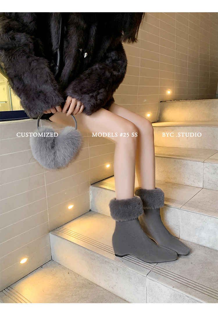 Boot nữ cổ cao lông cừu mũi vuông tăng chiều cao — cà phê nâu, màu xám, quả mơ chi tiết 11