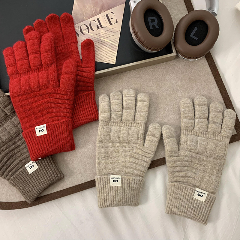 Guantes de punto de invierno nuevos guantes de montar de cinco dedos de color sólido de waffle caliente coreano