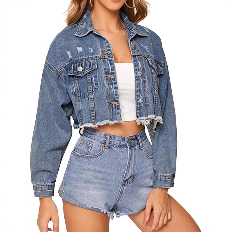 Cross-Border Amazon Temu Women's Short Denim Jacket with Distressed Buttons, Long Sleeves, Ripped Edges, and Frayed Details for Autumn Cross-Border Amazon Temu Women's Short Denim Jacket with Distressed Buttons, Long Sleeves, Ripped Edges, and Frayed Details for Autumn