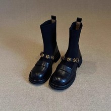 英伦风厚底粗中超高跟短靴2024新款外穿圆头拼接袜靴乐福鞋