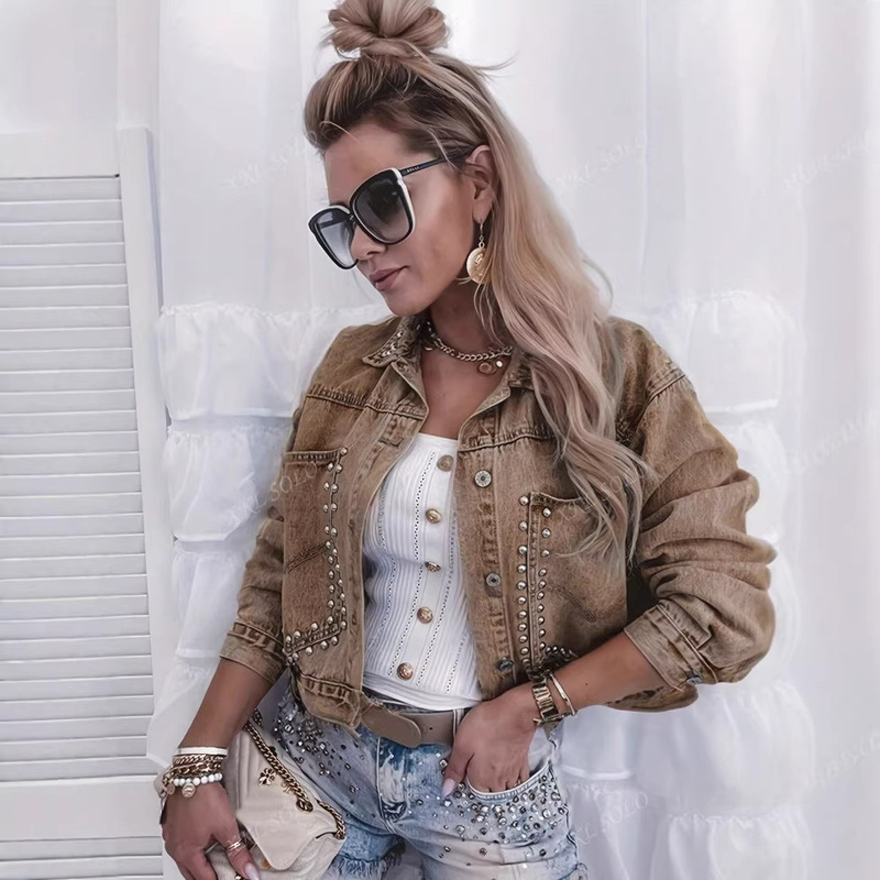Hme European and American Cross-Border Women's Denim Jacket Fashion Street Style Studded Short Women's Coat Top Foreign Trade Shein Hme European and American Cross-Border Women's Denim Jacket Fashion Street Style Studded Short Women's Coat Top Foreign Trade Shein